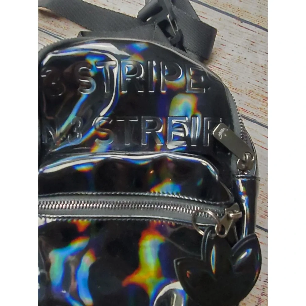 Adidas Originals Mini Backpack Iridescent Black Holographic 3 Stripes Trefoil - Picture 2 of 4